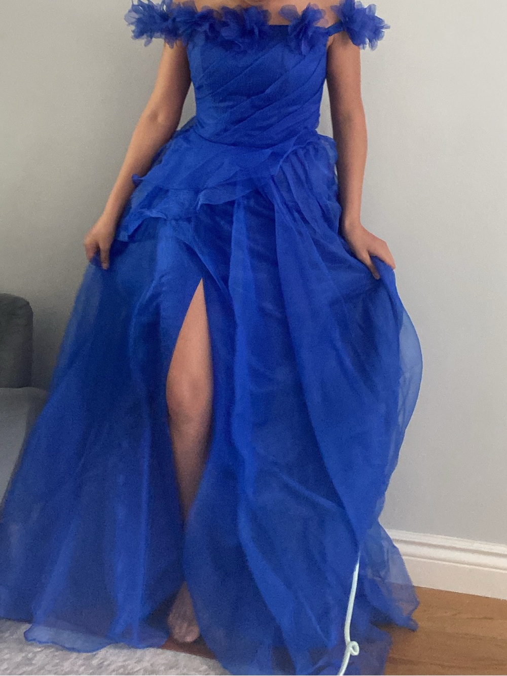 SHEIN Off-Shoulder Royal Blue Tulle Ball Gown with Slit
